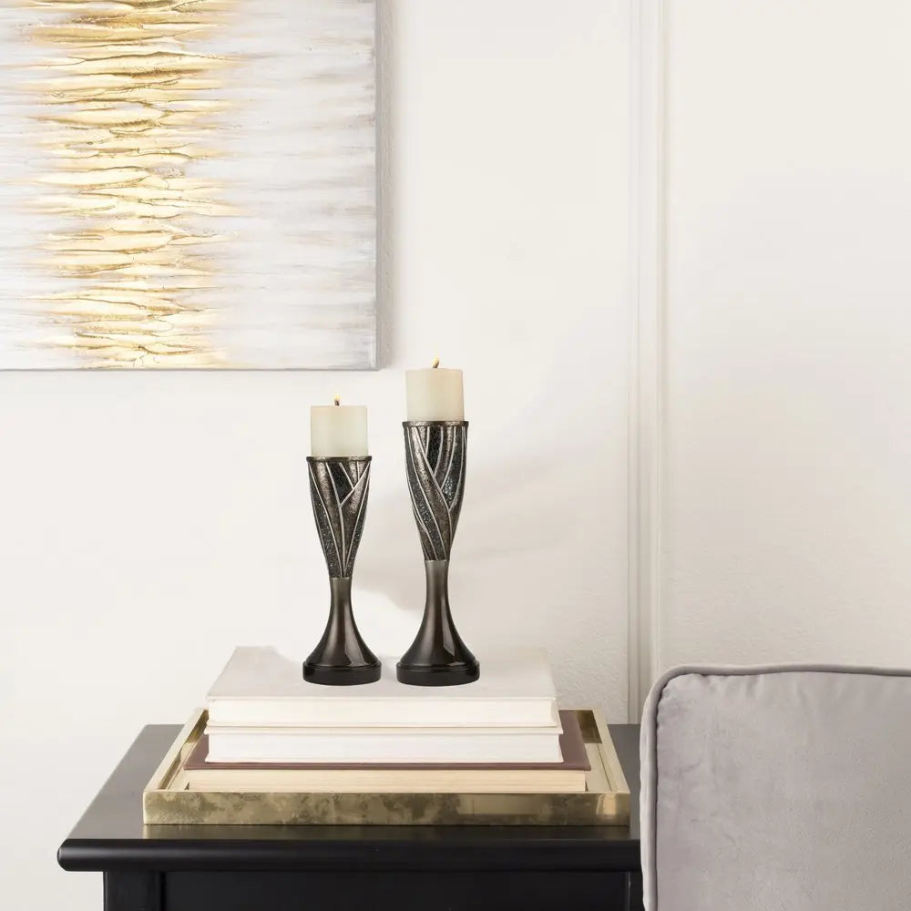 Set of Two Black Silver and Bronze Polyresin Abstract Centerpiece Pillar Candle Holders With Candle - NOBLE HOME INTERIORS