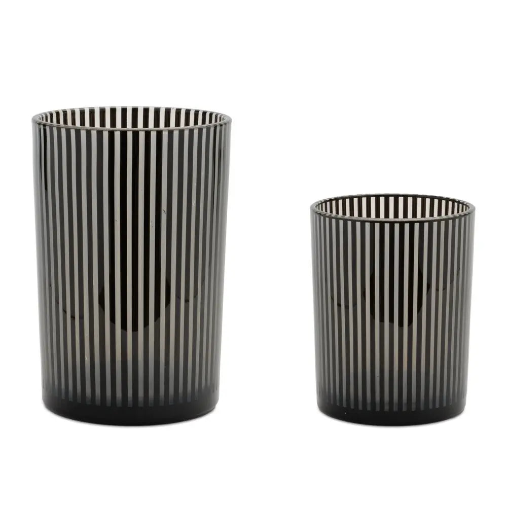 Set of Two Black Striped Glass Tabletop Pillar Candle Holders - NOVA HOME FURNITURE