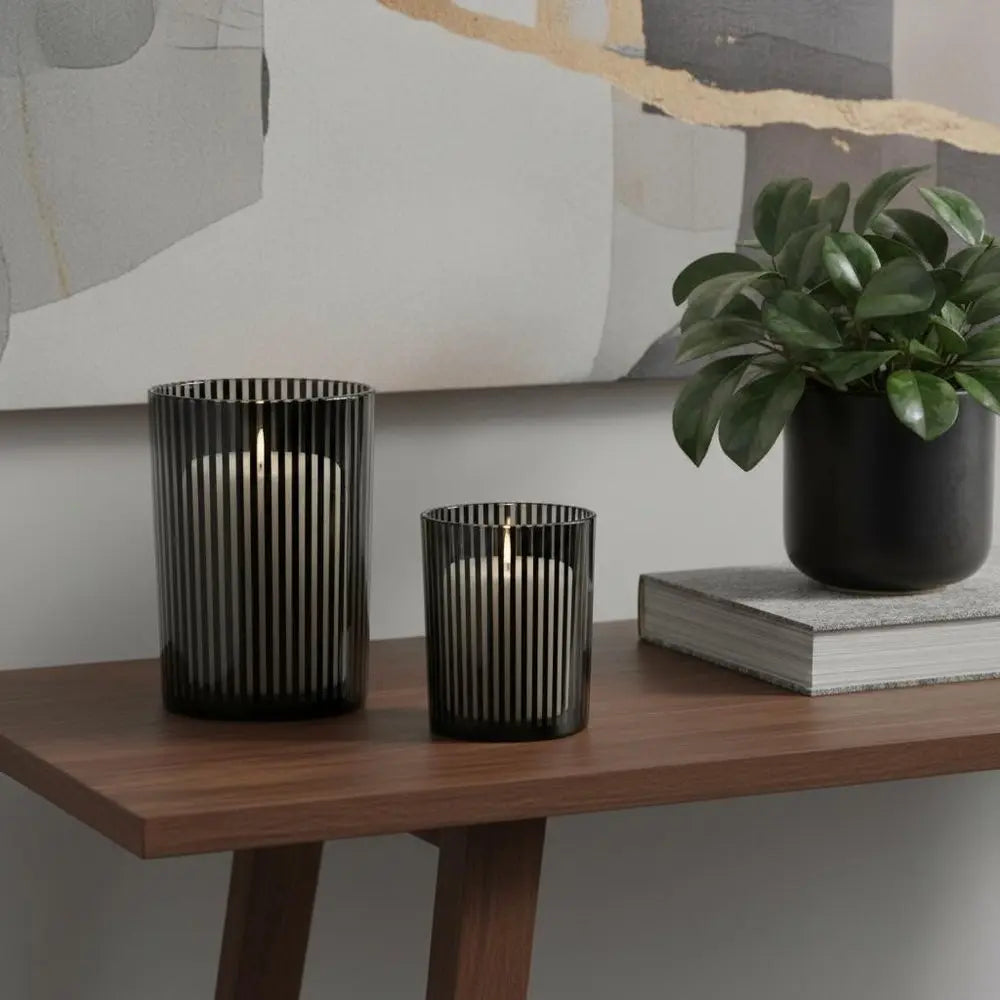 Set of Two Black Striped Glass Tabletop Pillar Candle Holders - NOVA HOME FURNITURE