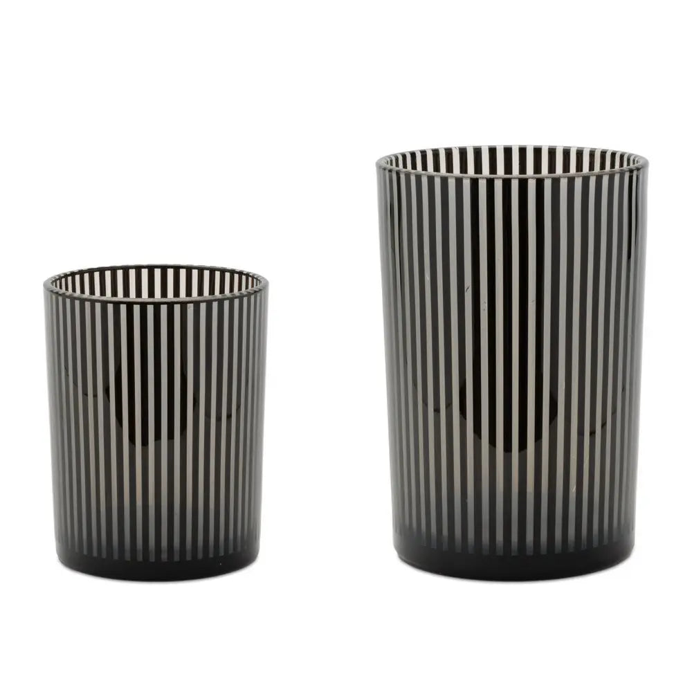 Set of Two Black Striped Glass Tabletop Pillar Candle Holders - NOVA HOME FURNITURE
