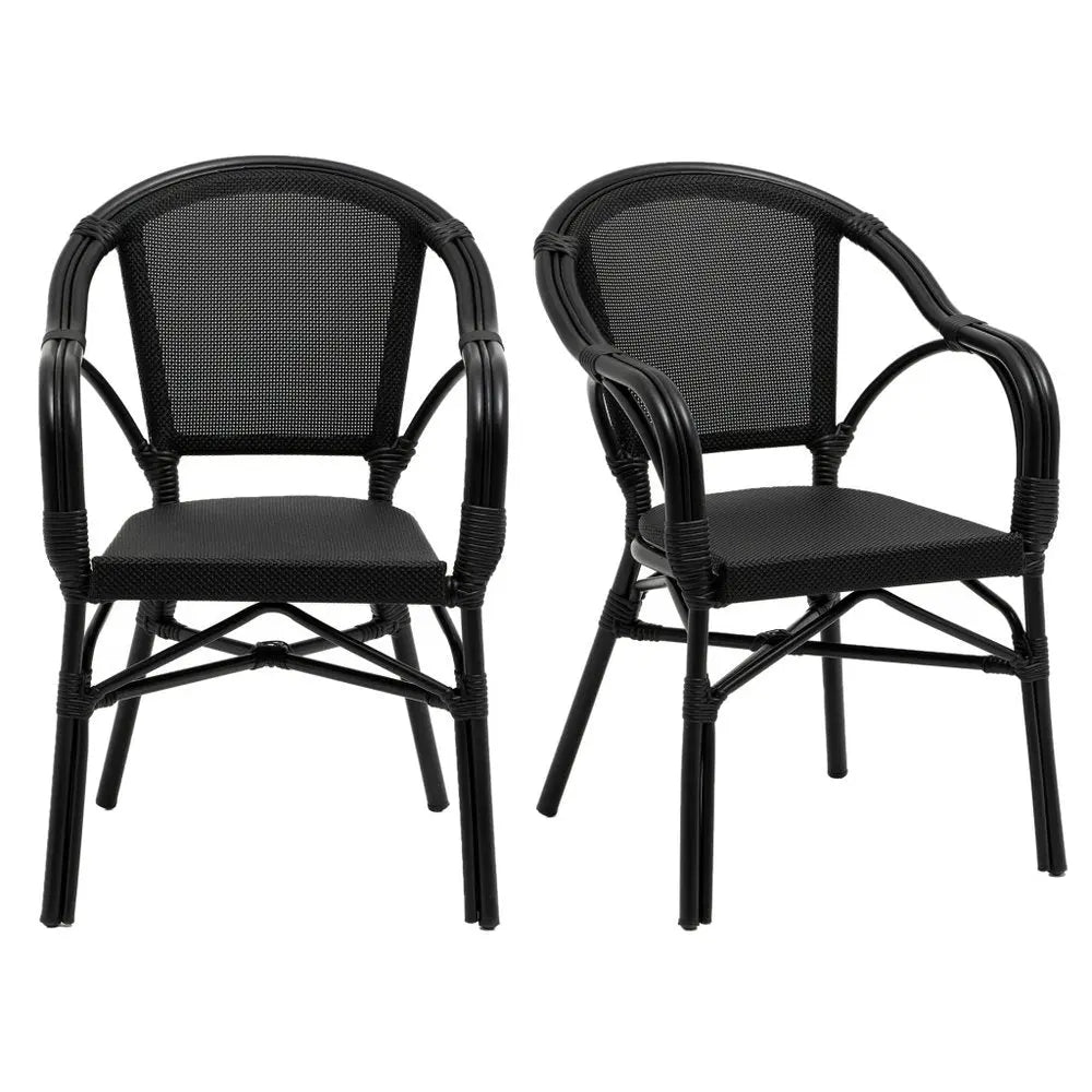 Set of Two Black Textured Mesh Sling And Aluminum Outdoor Stacking Arm Chairs - NOBLE HOME INTERIORS