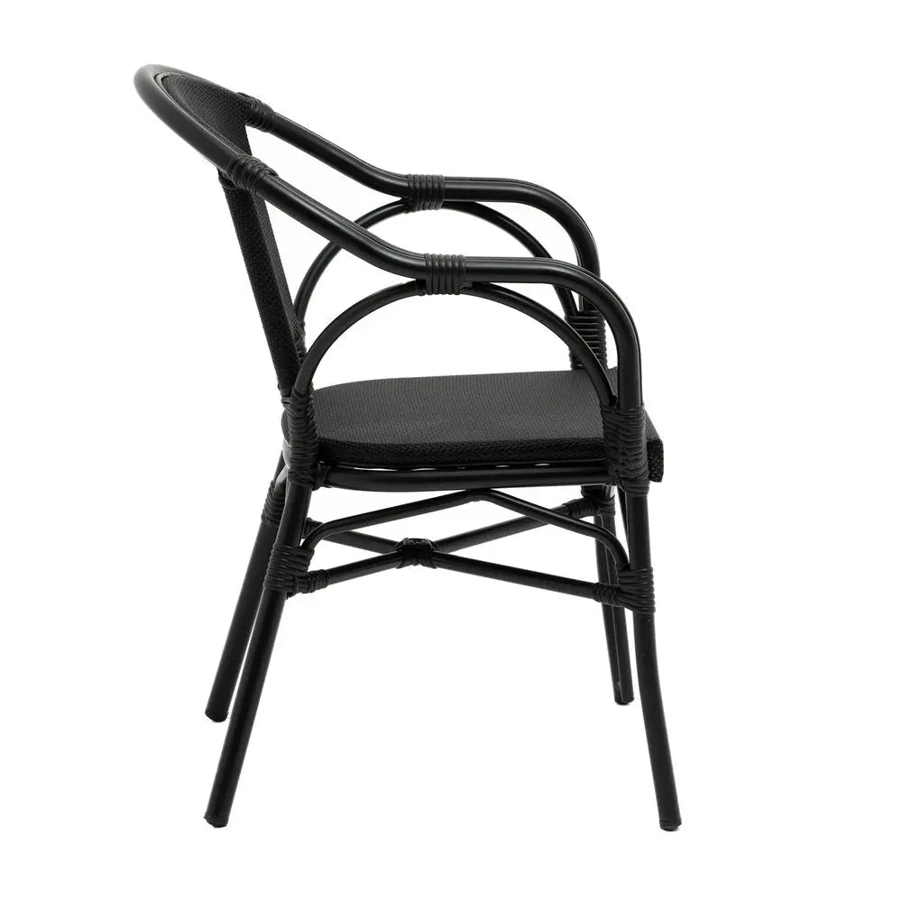 Set of Two Black Textured Mesh Sling And Aluminum Outdoor Stacking Arm Chairs - NOBLE HOME INTERIORS