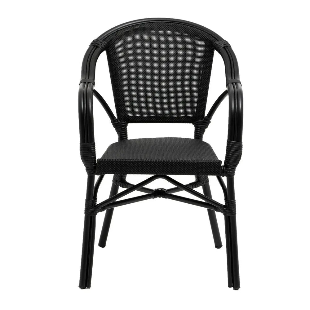 Set of Two Black Textured Mesh Sling And Aluminum Outdoor Stacking Arm Chairs - NOBLE HOME INTERIORS