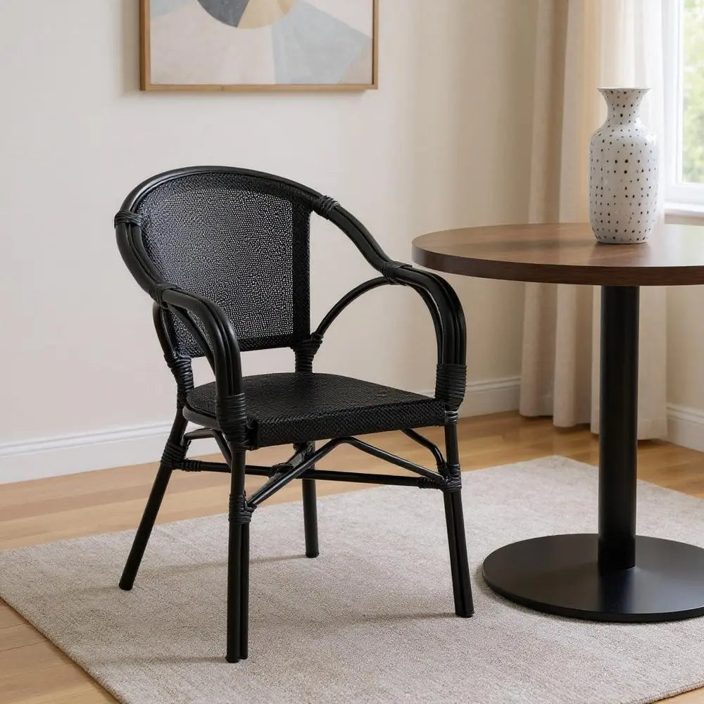 Set of Two Black Textured Mesh Sling And Aluminum Outdoor Stacking Arm Chairs - NOBLE HOME INTERIORS