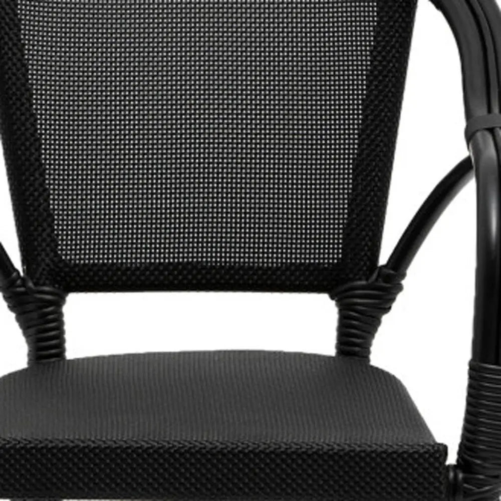 Set of Two Black Textured Mesh Sling And Aluminum Outdoor Stacking Arm Chairs - NOBLE HOME INTERIORS