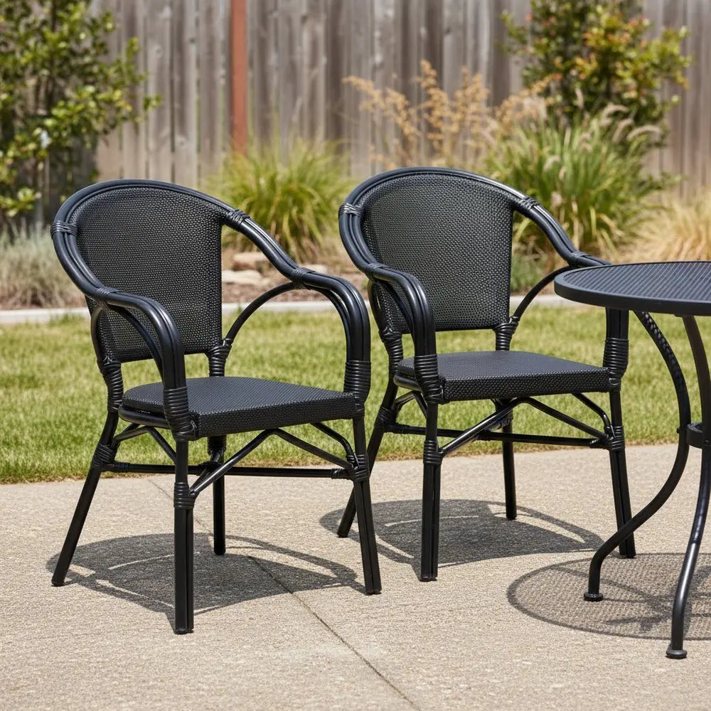 Set of Two Black Textured Mesh Sling And Aluminum Outdoor Stacking Arm Chairs - NOBLE HOME INTERIORS