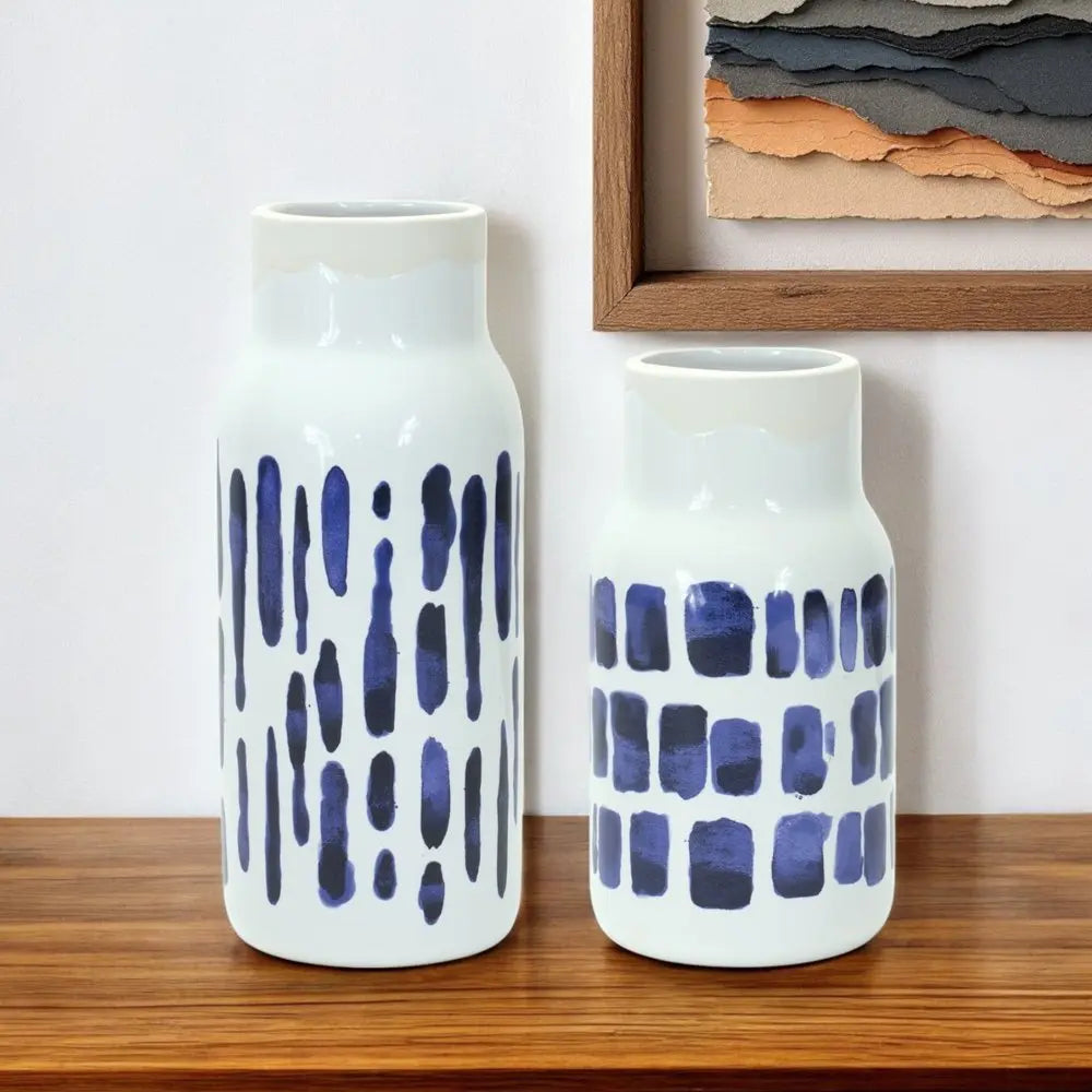 Set of Two Blue and White Abstract Cylinder Ceramic Table Vase - NOBLE HOME INTERIORS