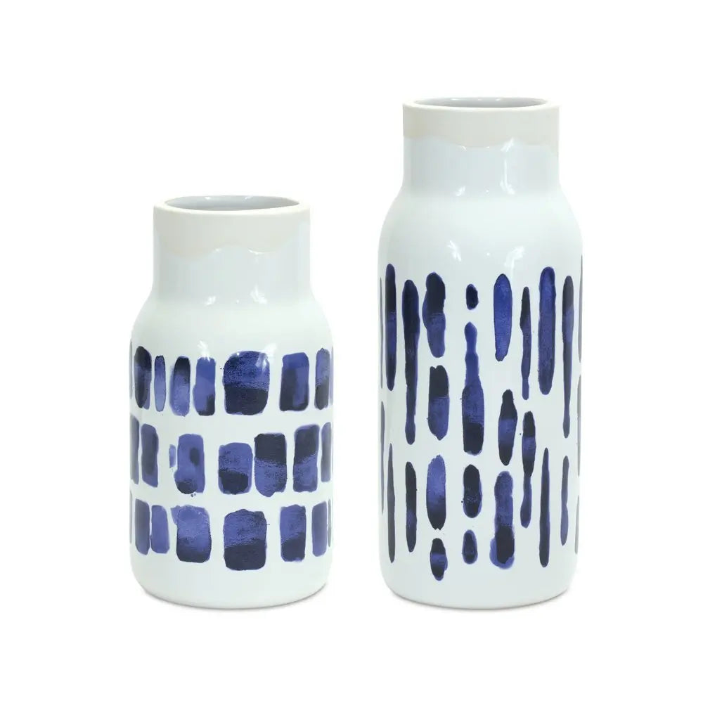 Set of Two Blue and White Abstract Cylinder Ceramic Table Vase - NOBLE HOME INTERIORS