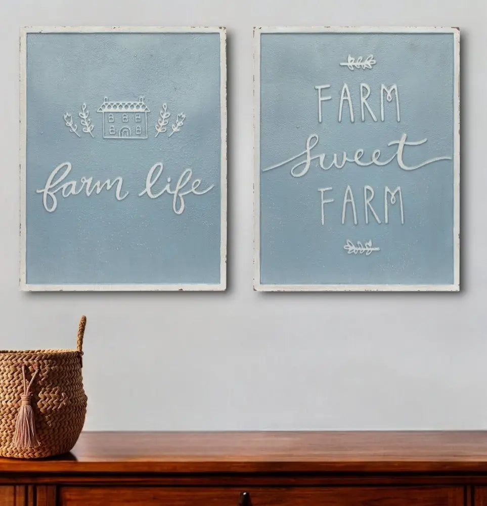 Set of Two Blue And White Farm Sweet Farm Metal Wall Decor - NOBLE HOME INTERIORS