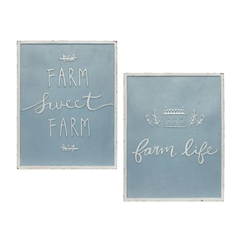 Set of Two Blue And White Farm Sweet Farm Metal Wall Decor - NOBLE HOME INTERIORS