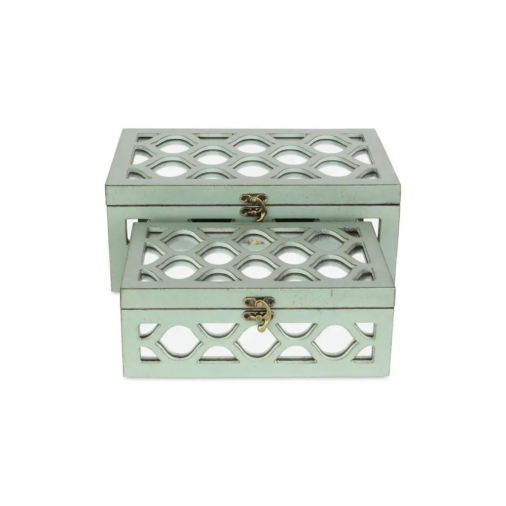 Set of Two Blue Mirrored Glass And Wood Box With Lid HomeRoots