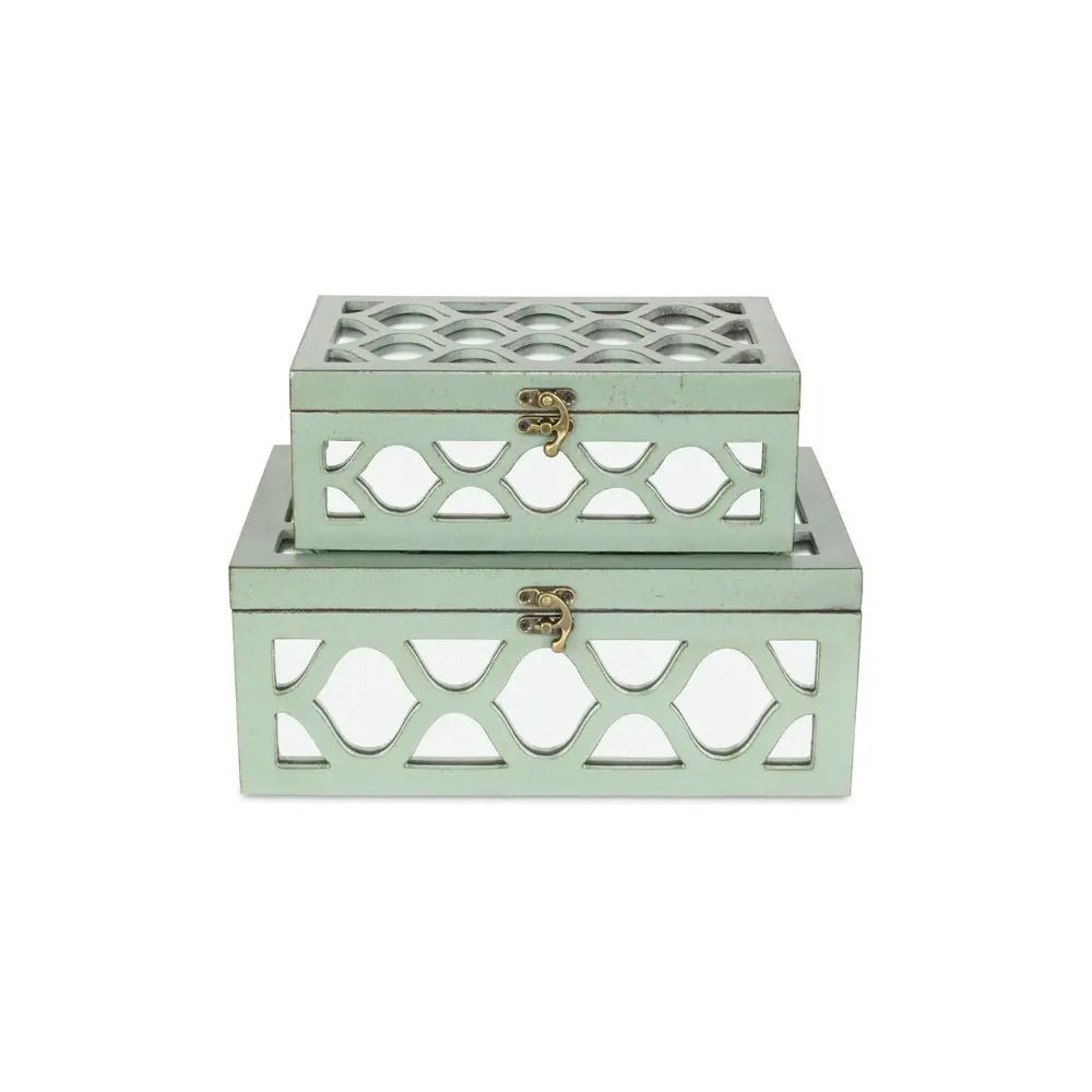 Set of Two Blue Mirrored Glass And Wood Box With Lid HomeRoots