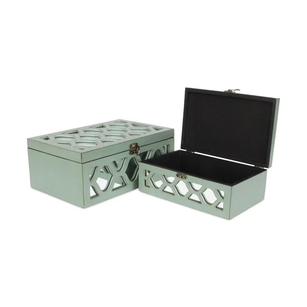 Set of Two Blue Mirrored Glass And Wood Box With Lid HomeRoots