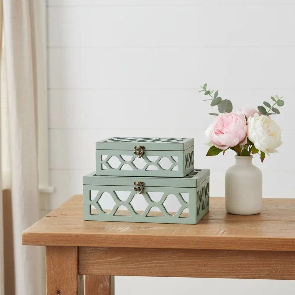 Set of Two Blue Mirrored Glass And Wood Box With Lid HomeRoots