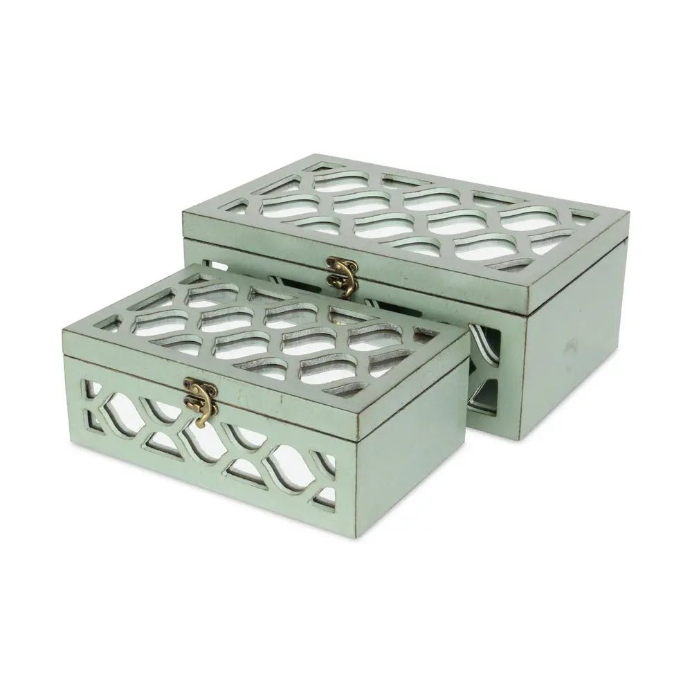 Set of Two Blue Mirrored Glass And Wood Box With Lid HomeRoots