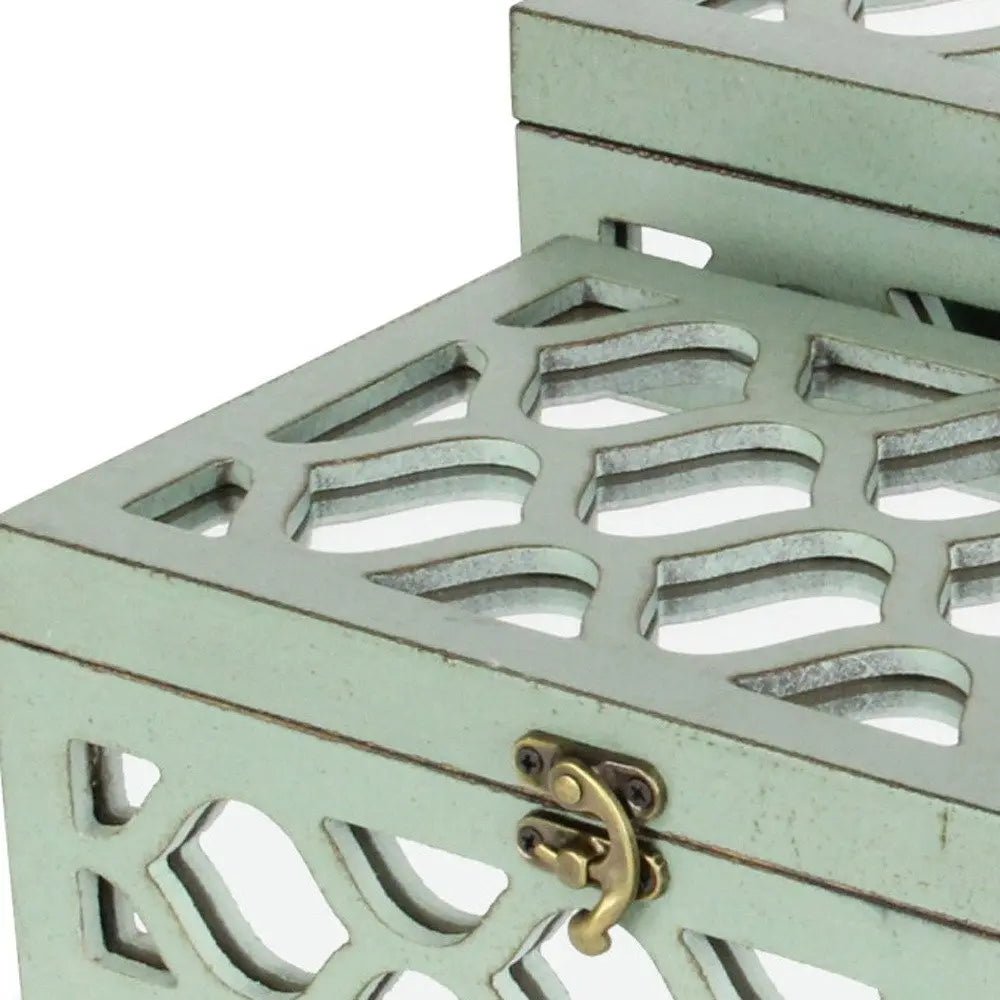 Set of Two Blue Mirrored Glass And Wood Box With Lid HomeRoots