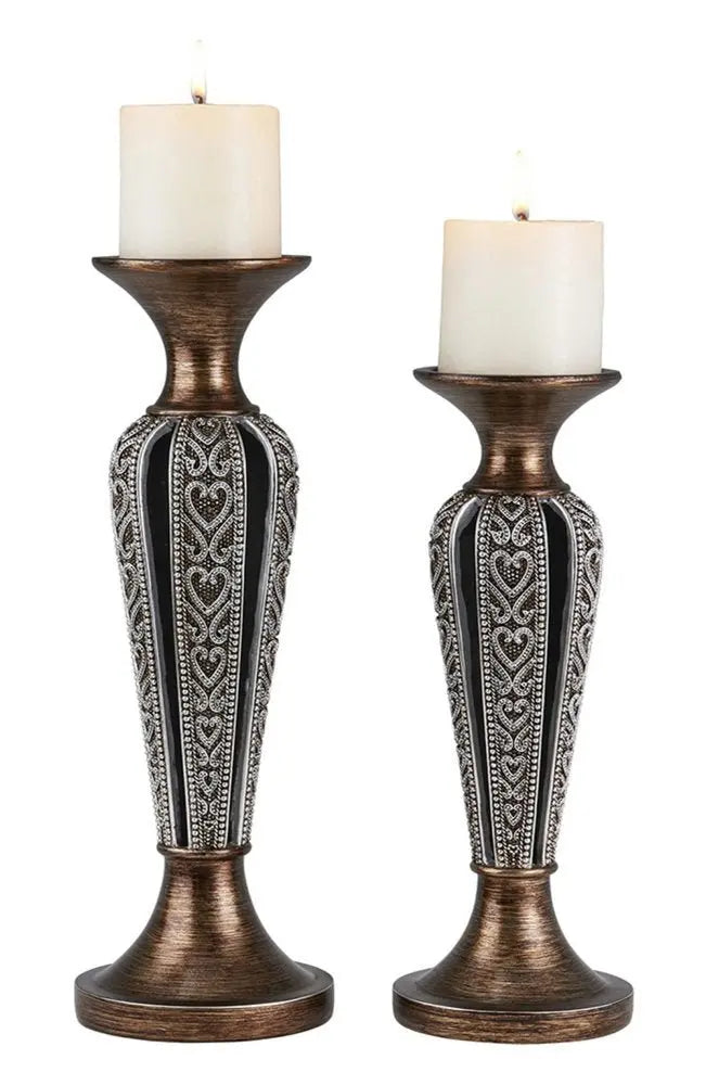 Set of Two Bronze and Silver Polyresin Hearts Centerpiece Pillar Candle Holders With Candle - NOBLE HOME INTERIORS