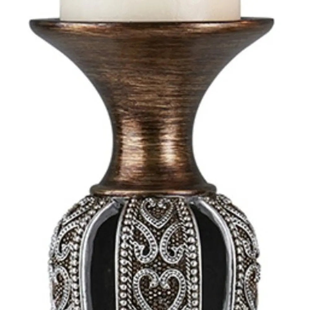 Set of Two Bronze and Silver Polyresin Hearts Centerpiece Pillar Candle Holders With Candle - NOBLE HOME INTERIORS