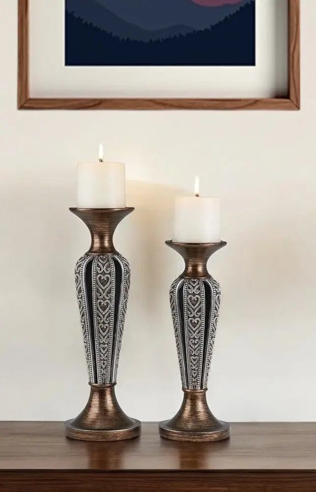 Set of Two Bronze and Silver Polyresin Hearts Centerpiece Pillar Candle Holders With Candle - NOBLE HOME INTERIORS