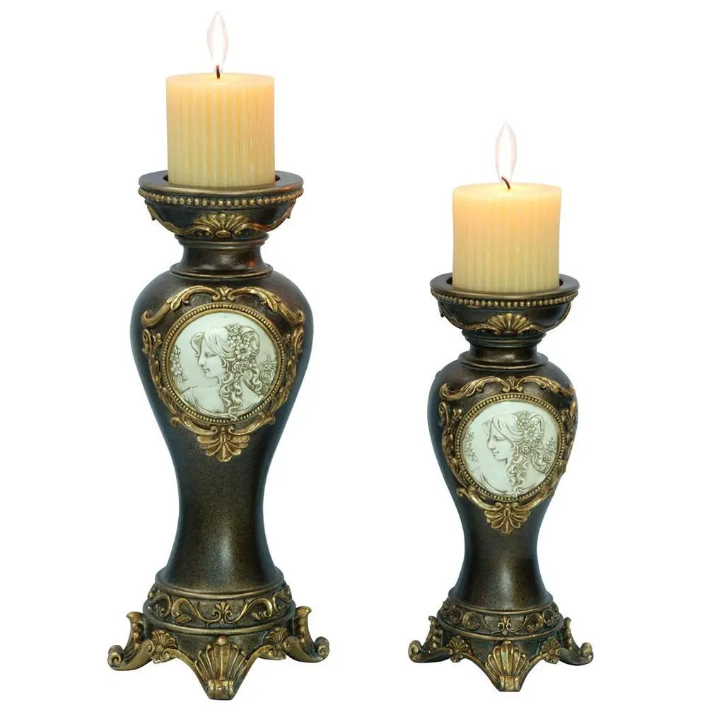 Set Of Two Bronze Greek Cameo Pillar Candle Holders - NOBLE HOME INTERIORS
