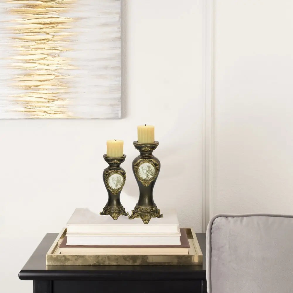 Set Of Two Bronze Greek Cameo Pillar Candle Holders - NOBLE HOME INTERIORS