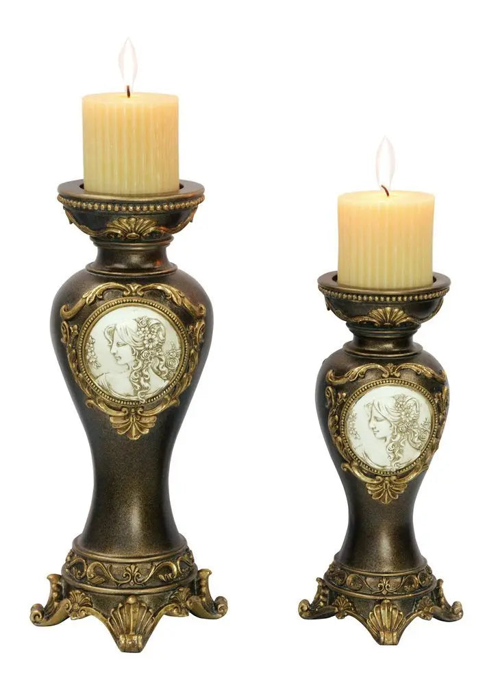 Set Of Two Bronze Greek Cameo Pillar Candle Holders - NOBLE HOME INTERIORS