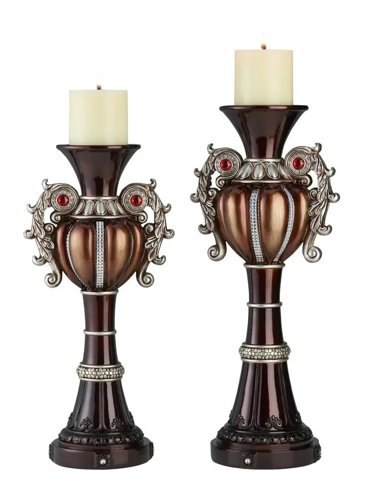 Set Of Two Bronze Tabletop Urn Shape Pillar Candle Holders - NOBLE HOME INTERIORS