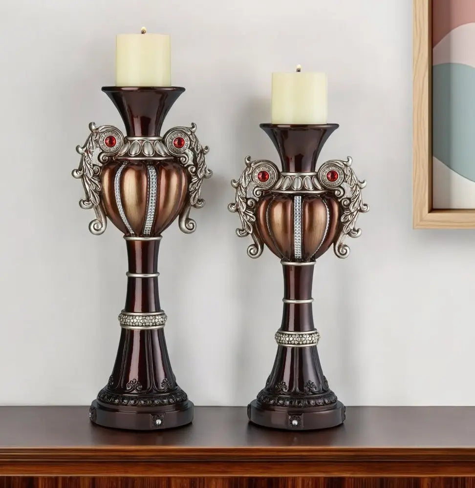 Set Of Two Bronze Tabletop Urn Shape Pillar Candle Holders - NOBLE HOME INTERIORS