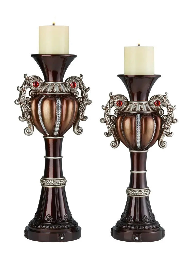 Set Of Two Bronze Tabletop Urn Shape Pillar Candle Holders - NOBLE HOME INTERIORS