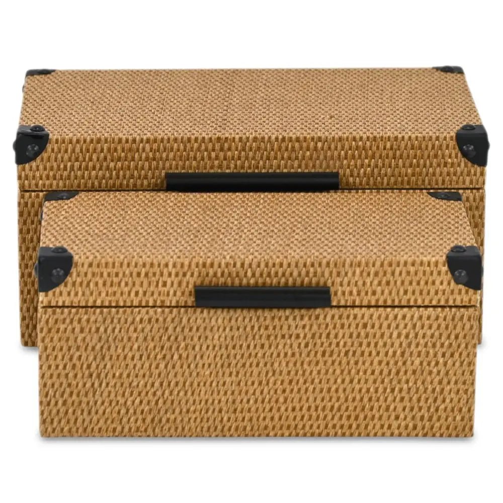 Set of Two Brown And Black Faux Rattan Nesting Storage Boxes With Lids HomeRoots