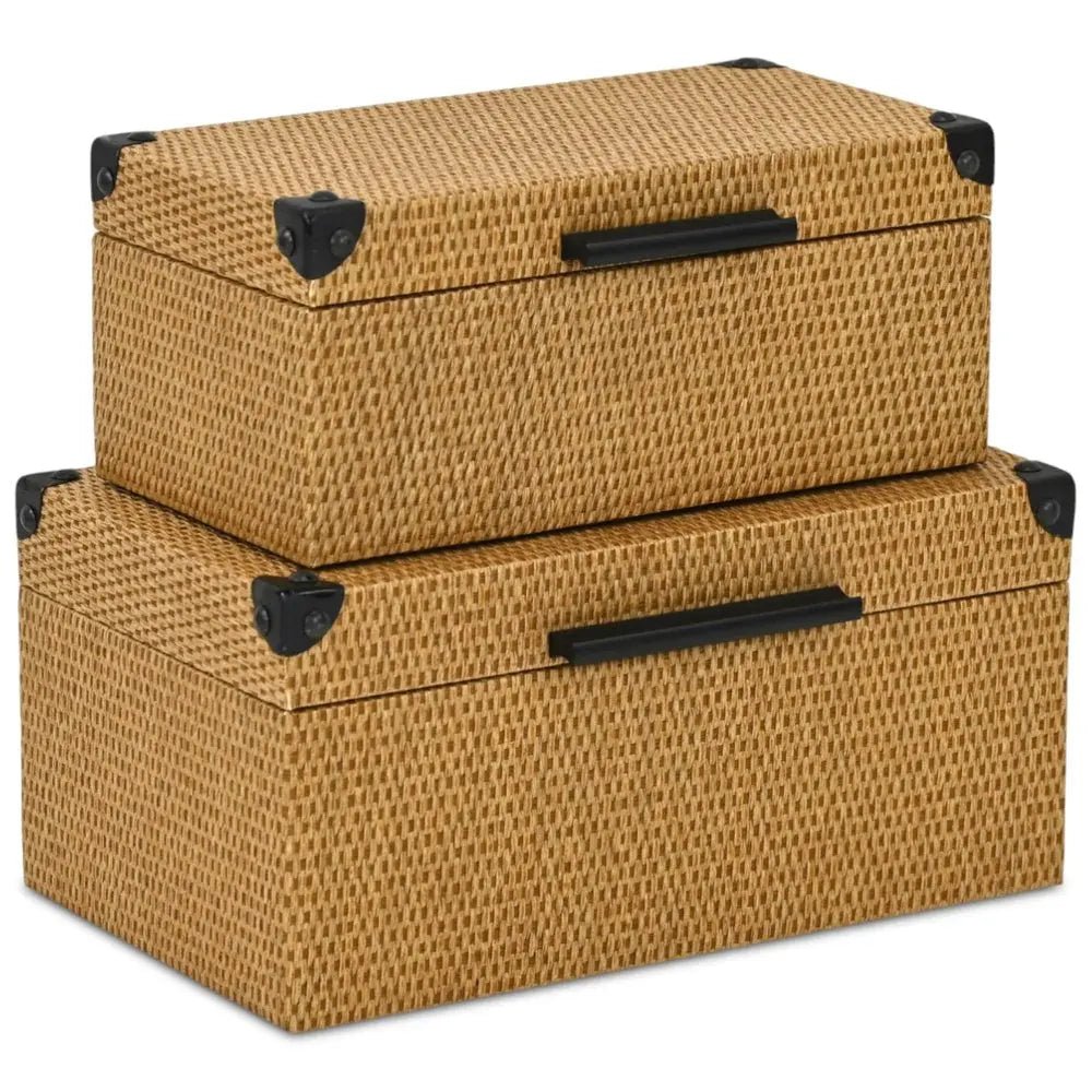 Set of Two Brown And Black Faux Rattan Nesting Storage Boxes With Lids HomeRoots