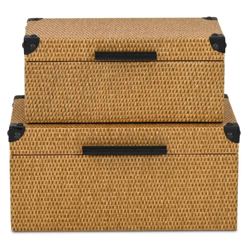 Set of Two Brown And Black Faux Rattan Nesting Storage Boxes With Lids HomeRoots