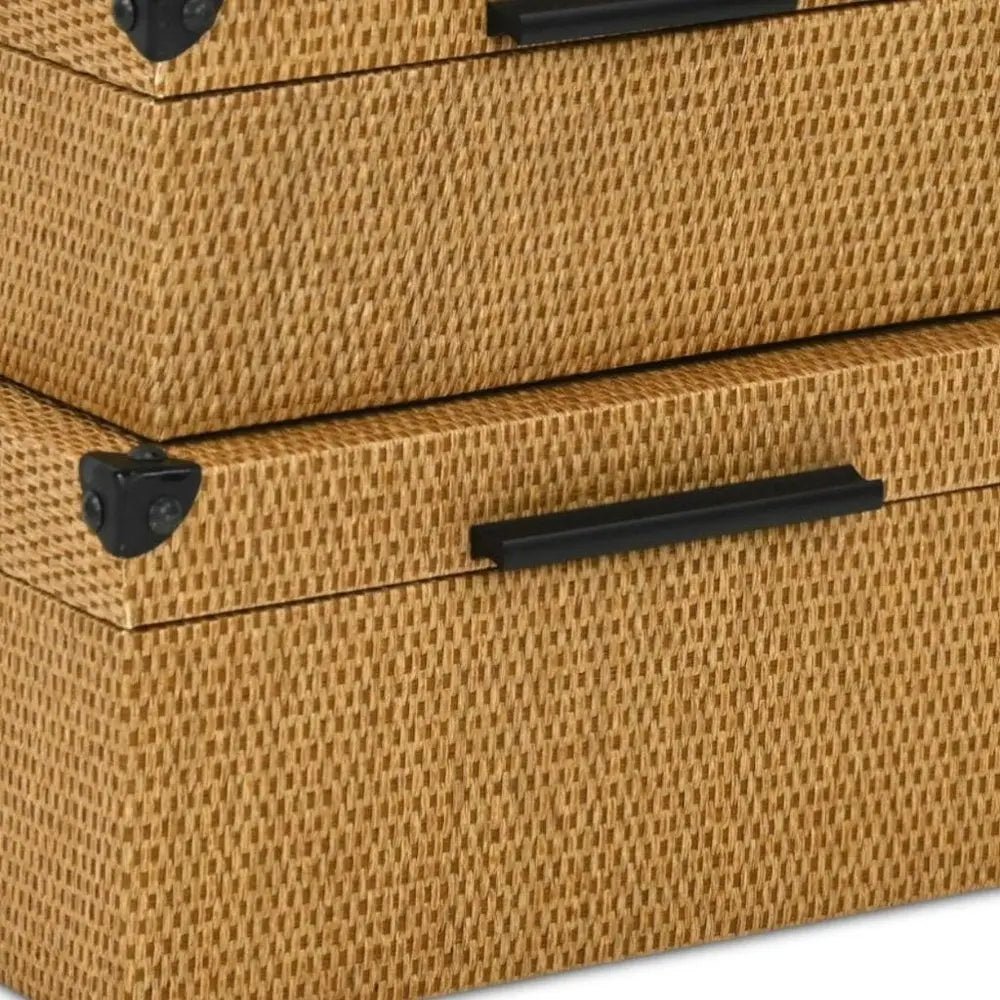 Set of Two Brown And Black Faux Rattan Nesting Storage Boxes With Lids HomeRoots
