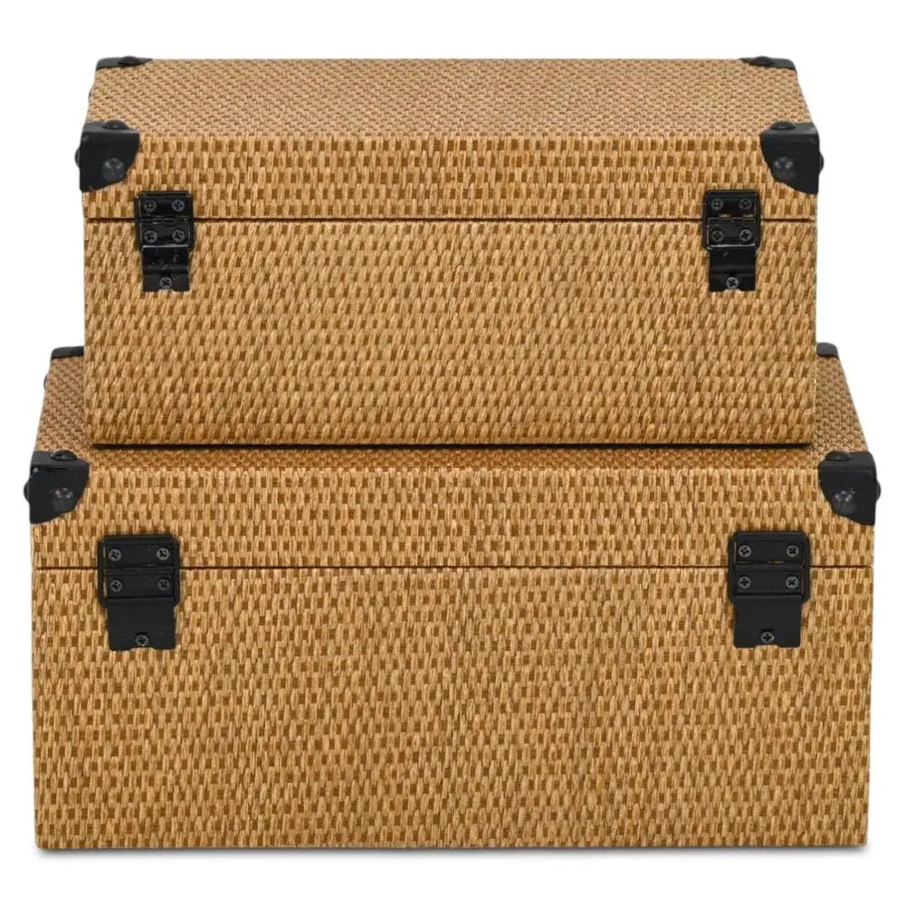 Set of Two Brown And Black Faux Rattan Nesting Storage Boxes With Lids HomeRoots