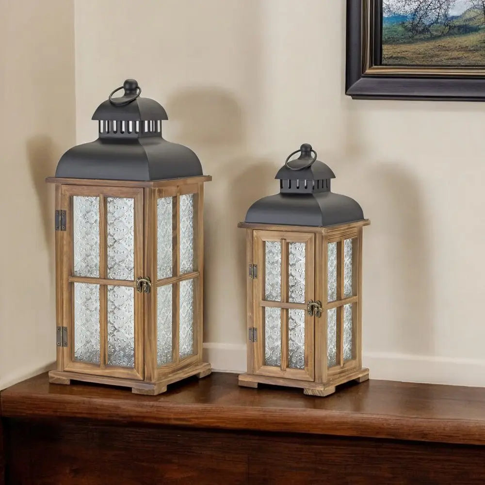 Set of Two Brown and Black Frosted Glass Wood and Metal Floor Lantern Candle Holders - NOBLE HOME INTERIORS