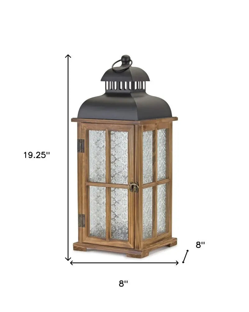 Set of Two Brown and Black Frosted Glass Wood and Metal Floor Lantern Candle Holders - NOBLE HOME INTERIORS