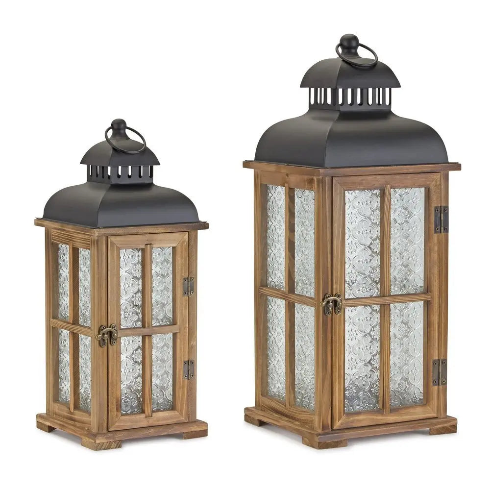 Set of Two Brown and Black Frosted Glass Wood and Metal Floor Lantern Candle Holders - NOBLE HOME INTERIORS