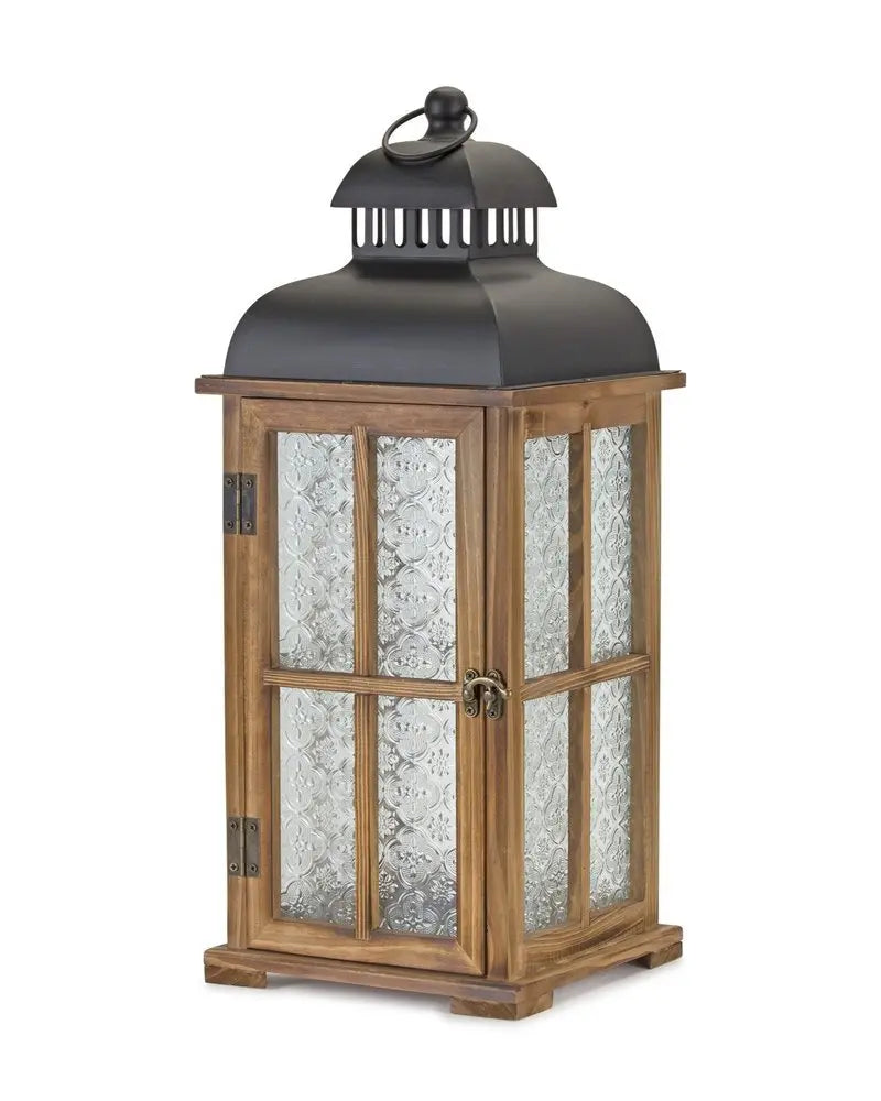 Set of Two Brown and Black Frosted Glass Wood and Metal Floor Lantern Candle Holders - NOBLE HOME INTERIORS