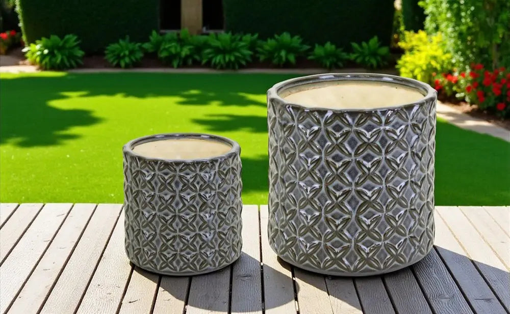 Set of Two Brown And Gray Clay 7 Ounce Geometric Round Pot Planters - NOBLE HOME INTERIORS