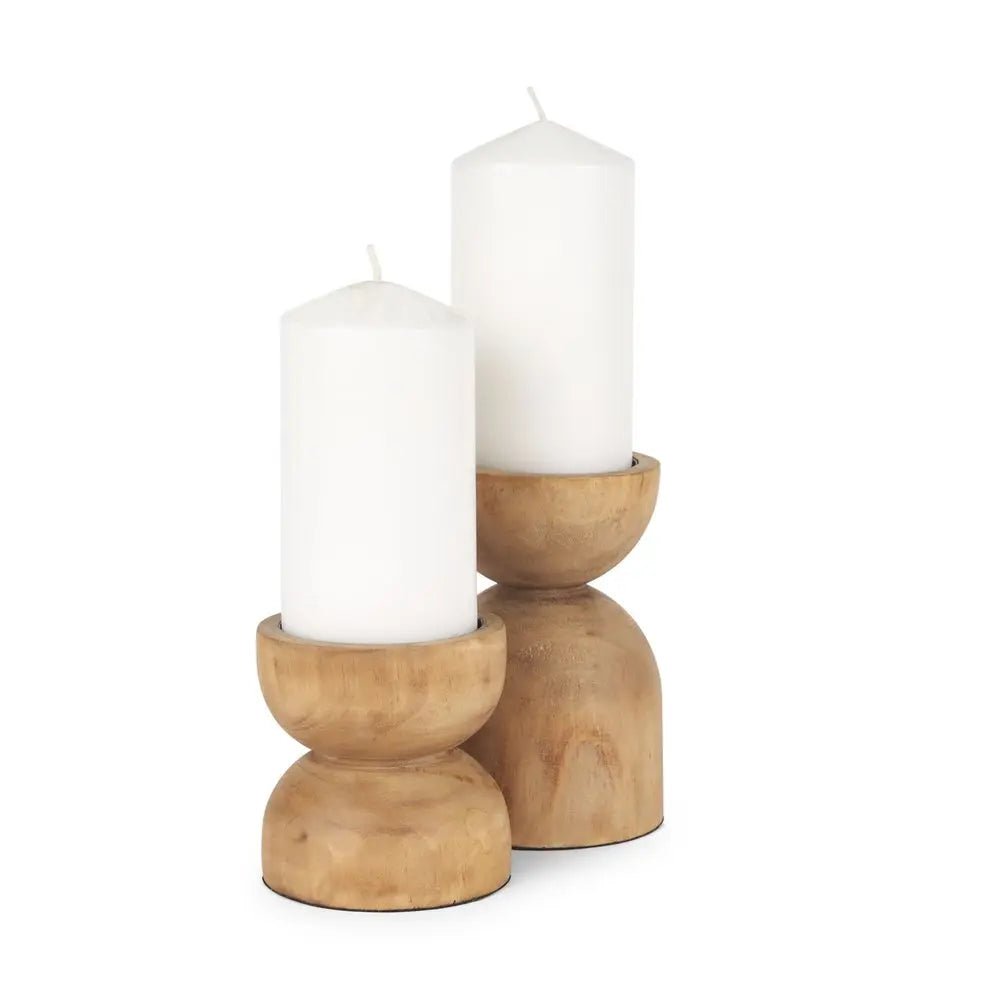 Set of Two Brown Distressed Geometric Solid Wood Tabletop Pillar Candle Holders HomeRoots