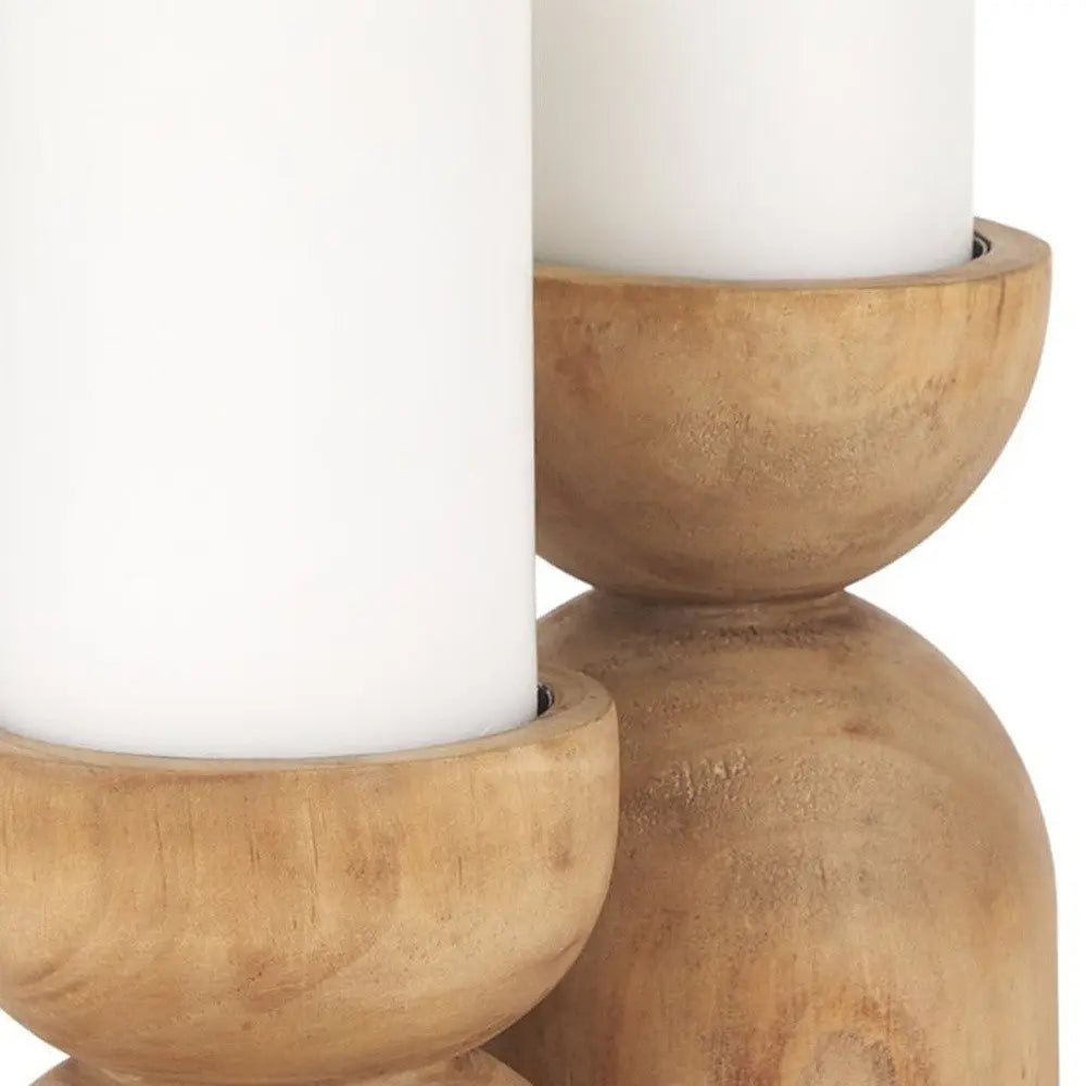 Set of Two Brown Distressed Geometric Solid Wood Tabletop Pillar Candle Holders HomeRoots