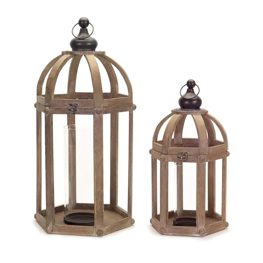 Set of Two Brown Distressed Wood And Glass Floor Lantern Candle Holders HomeRoots
