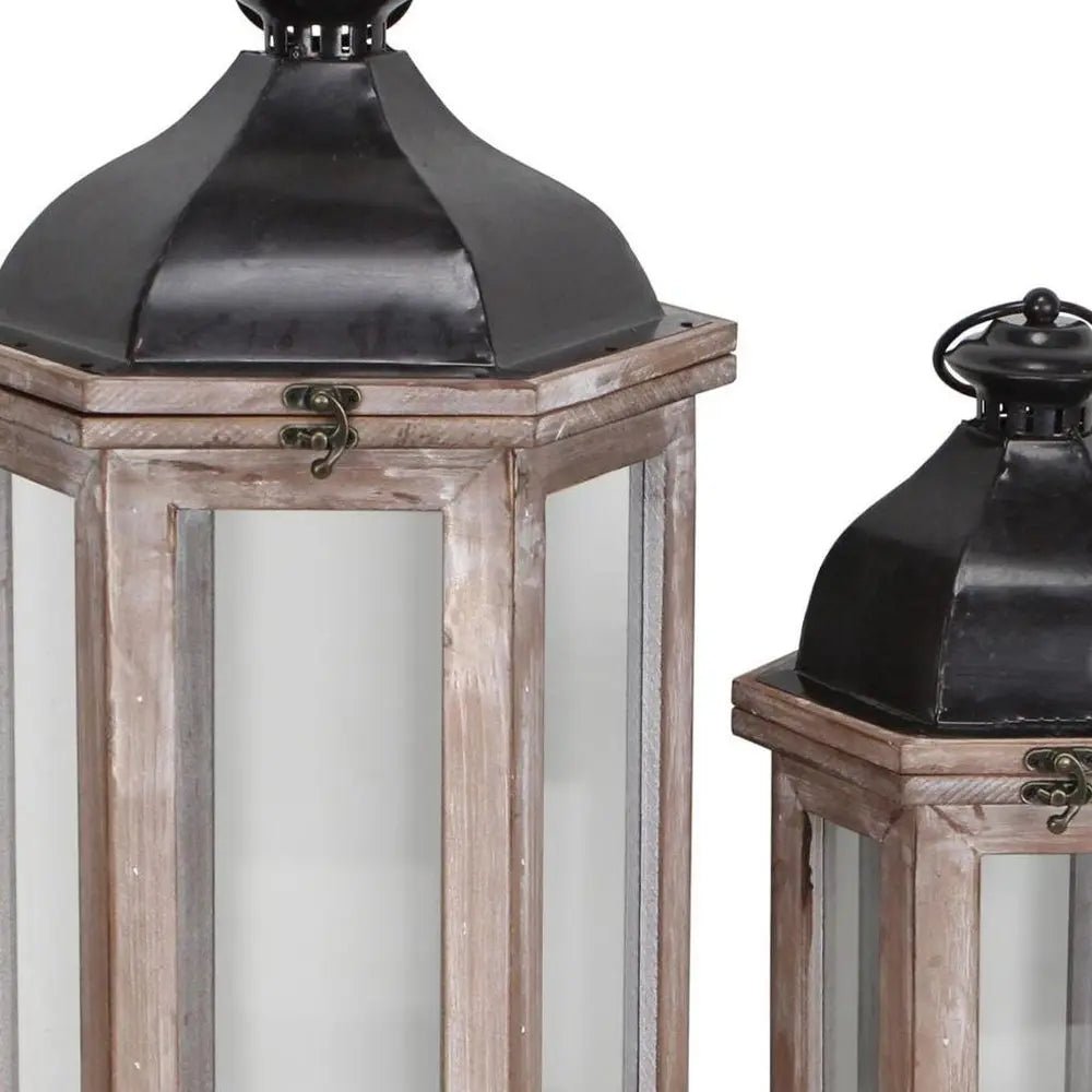 Set of Two Brown Geometric Metal And Solid Wood Floor Lantern Candle Holders HomeRoots