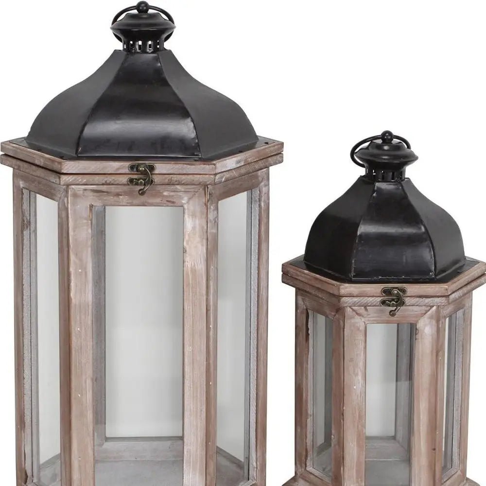 Set of Two Brown Geometric Metal And Solid Wood Floor Lantern Candle Holders HomeRoots