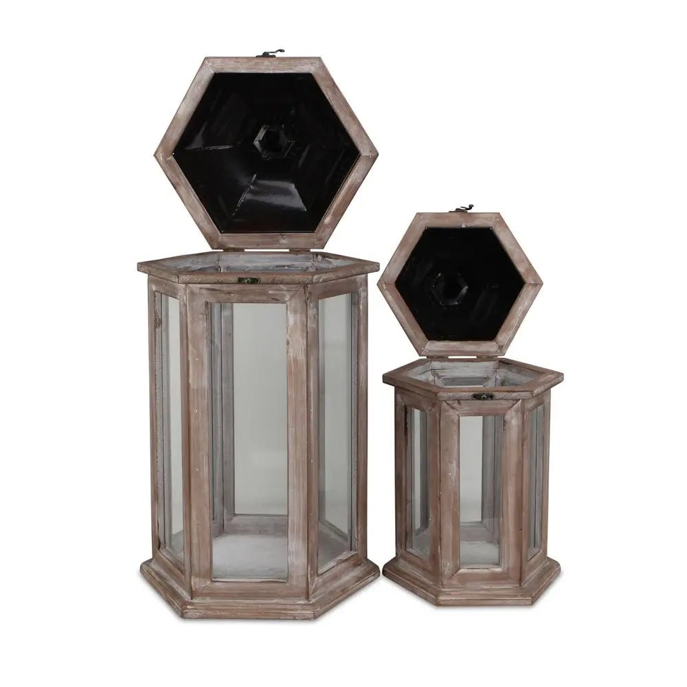 Set of Two Brown Geometric Metal And Solid Wood Floor Lantern Candle Holders HomeRoots