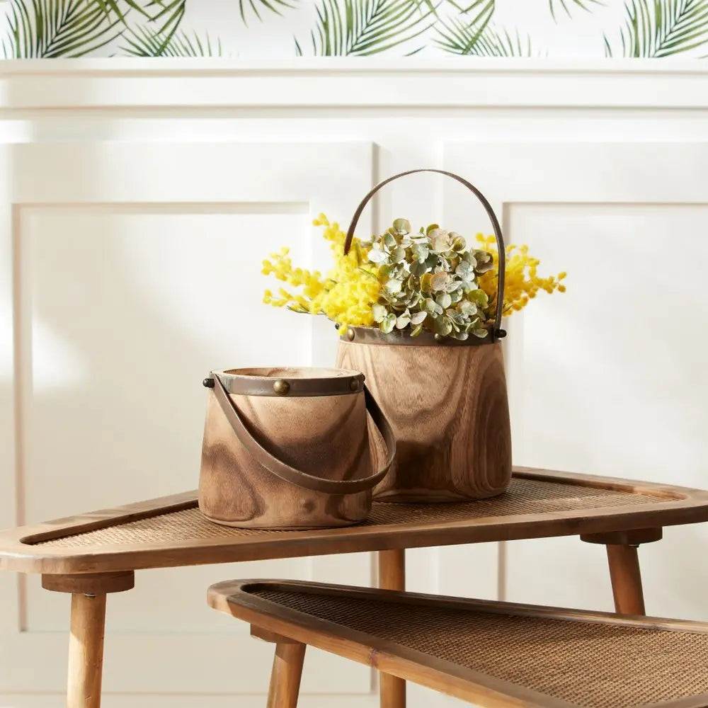 Set of Two Brown Round Wood Table Vase - NOBLE HOME INTERIORS