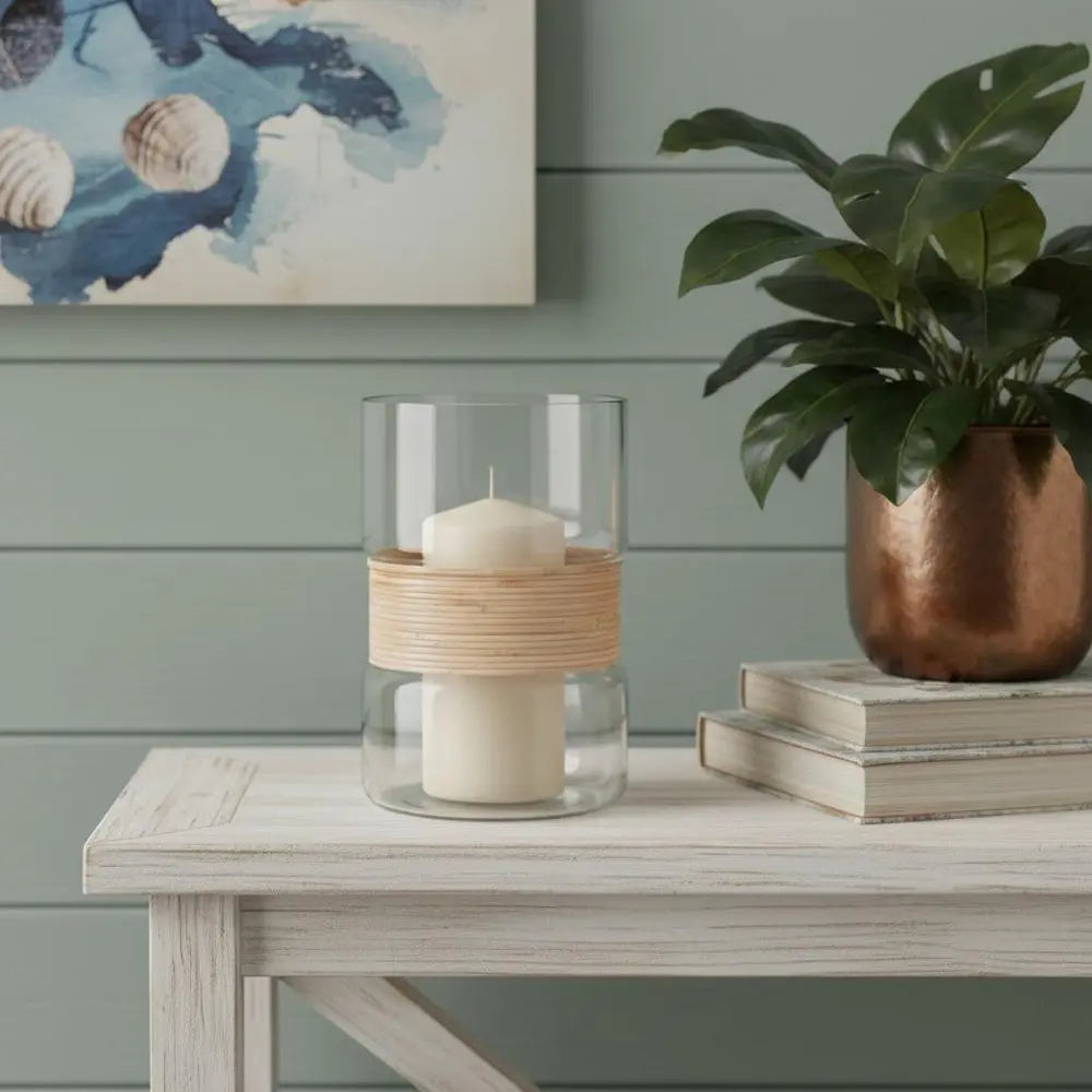 Set of Two Clear And Beige Abstract Glass Tabletop Pillar Candle Holders - NOBLE HOME INTERIORS