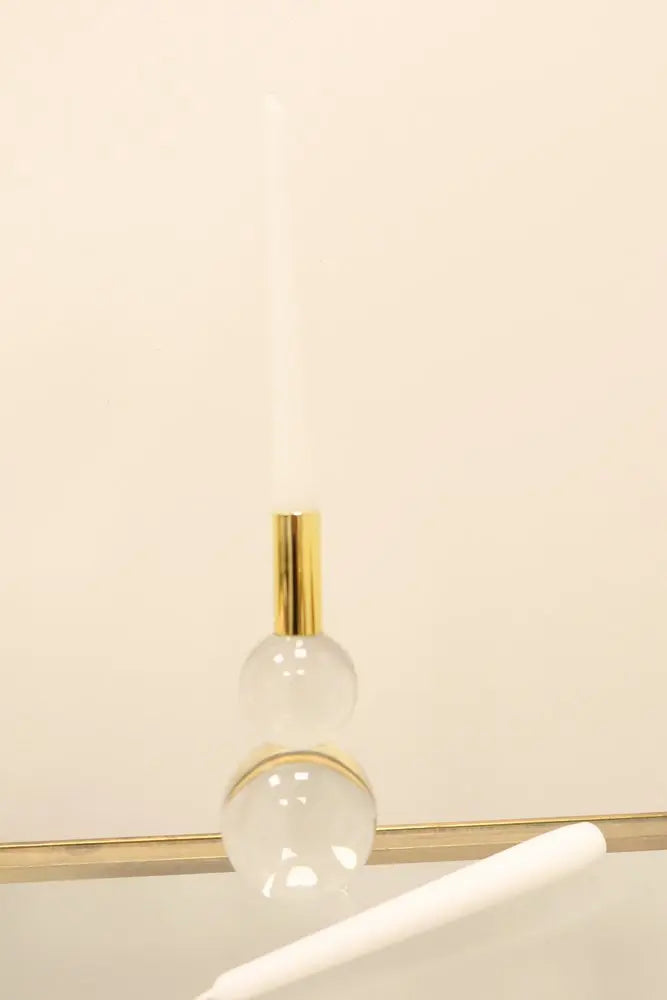 Set of Two Clear And Gold Geo Orbs Crystal Tabletop Taper Candlesticks - NOBLE HOME INTERIORS