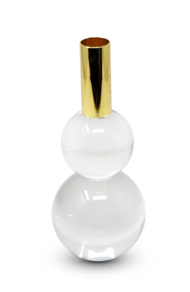 Set of Two Clear And Gold Geo Orbs Crystal Tabletop Taper Candlesticks - NOBLE HOME INTERIORS