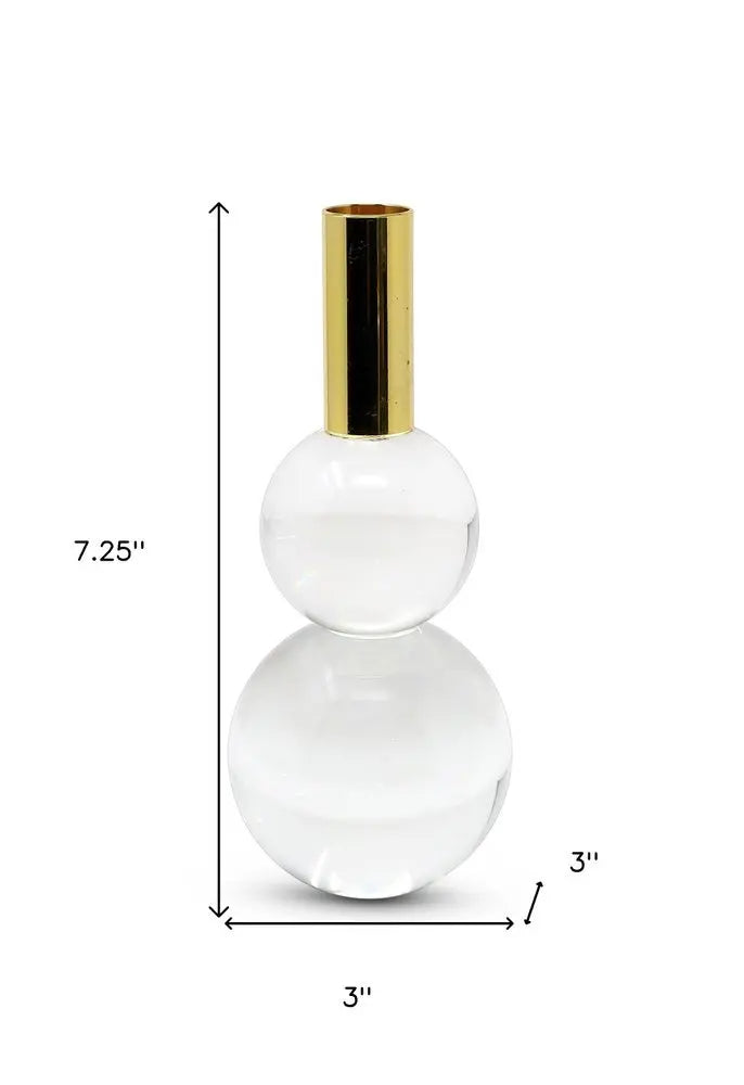 Set of Two Clear And Gold Geo Orbs Crystal Tabletop Taper Candlesticks - NOBLE HOME INTERIORS